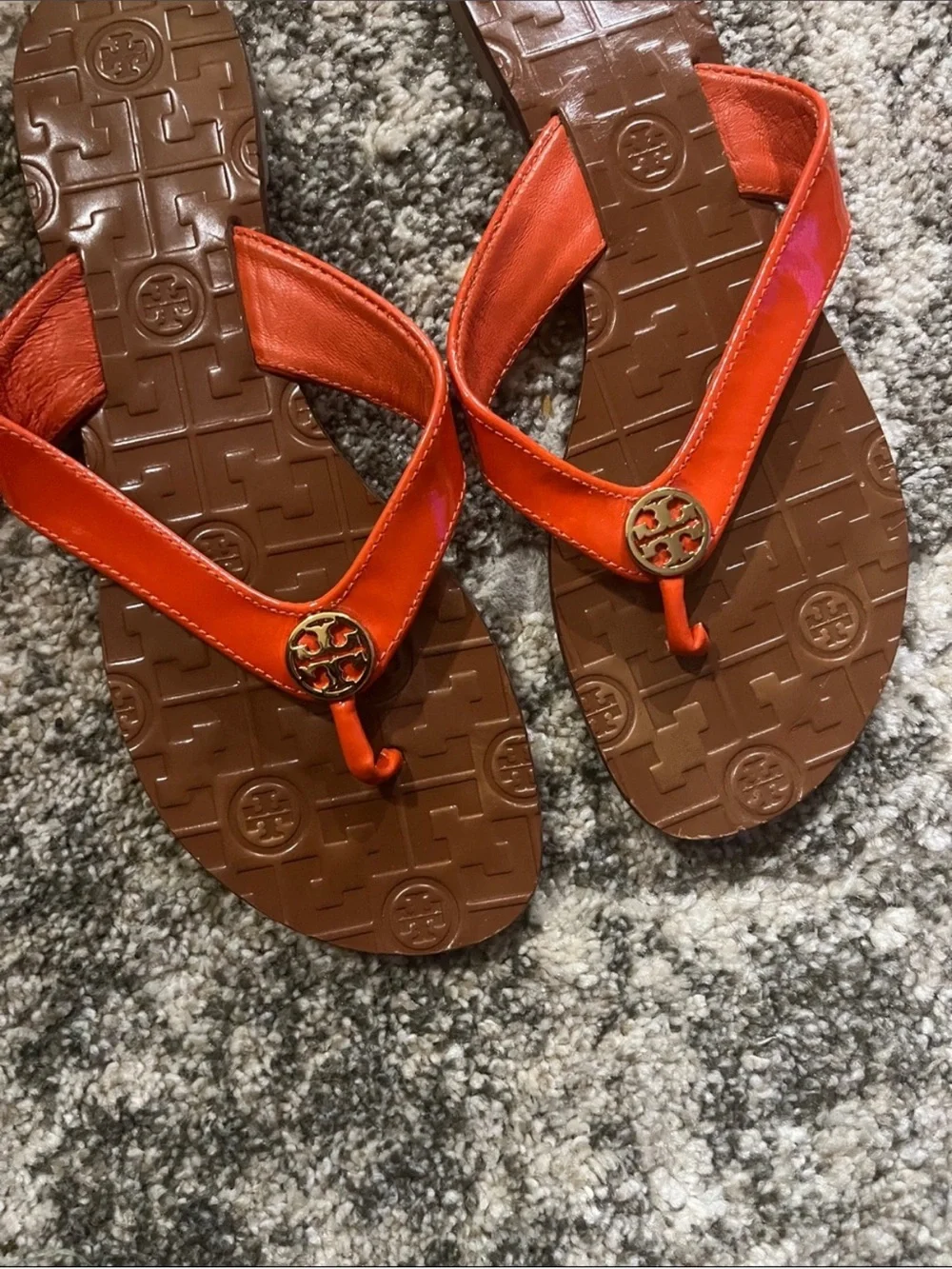 Tory Burch Brown Footbed Orange Leather Thong Sandals